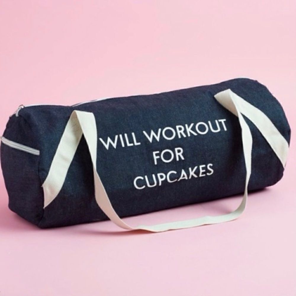 PRIVATE PARTY Novelty Will work out for cupcakes Denim Duffle Gym Bag